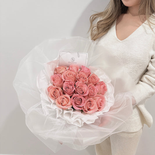 24-rose Be My Valentine Bouquet in shiffon wrap for Valentine’s Day, romantic gift, delivery across Vancouver or pick-up from Metrotown