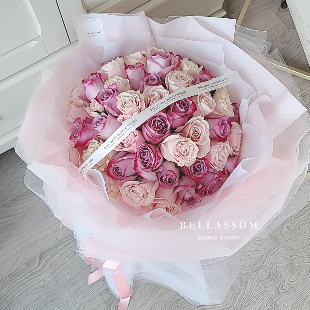 Luxury large rose bouquet with 50 premium roses, perfect for Valentine’s Day or anniversary celebrations, Vancouver delivery & pick‑up available