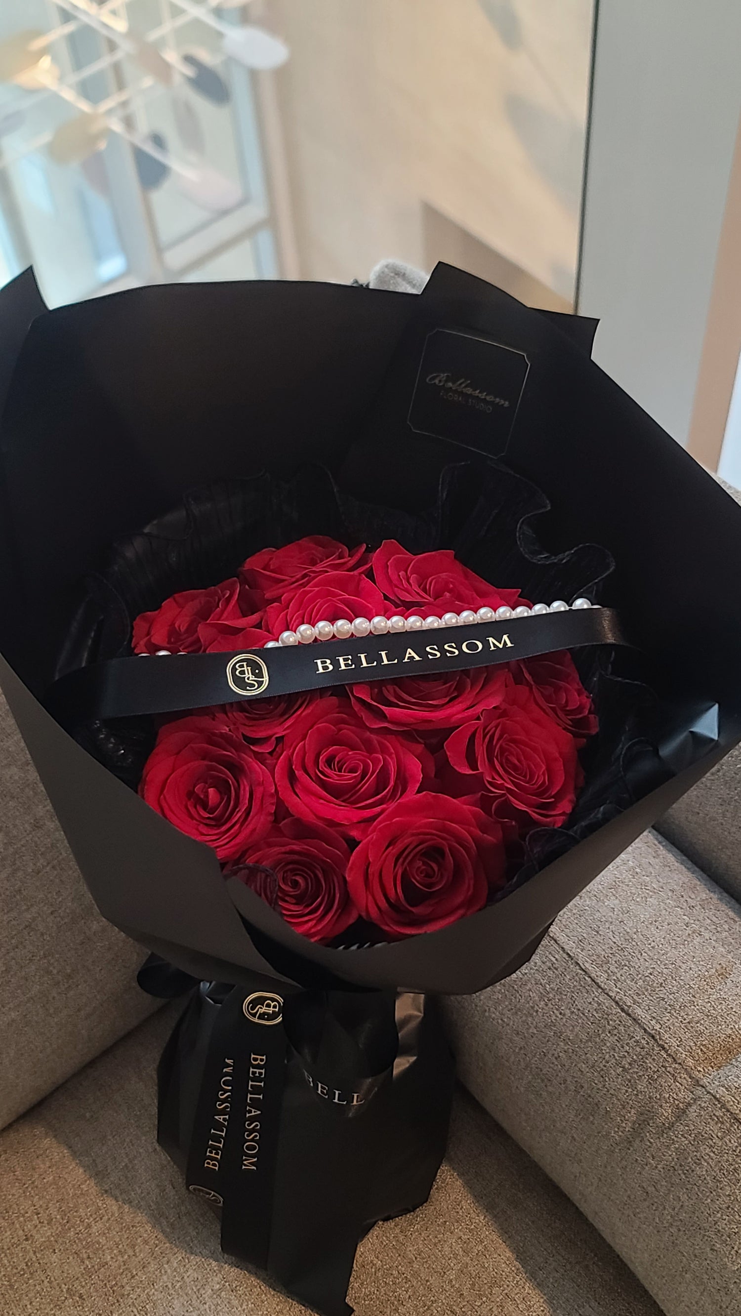 Lace‑Kissed Bouquet with 12 premium roses in red and optional pearl string for romantic gifts and same‑day delivery in Vancouver