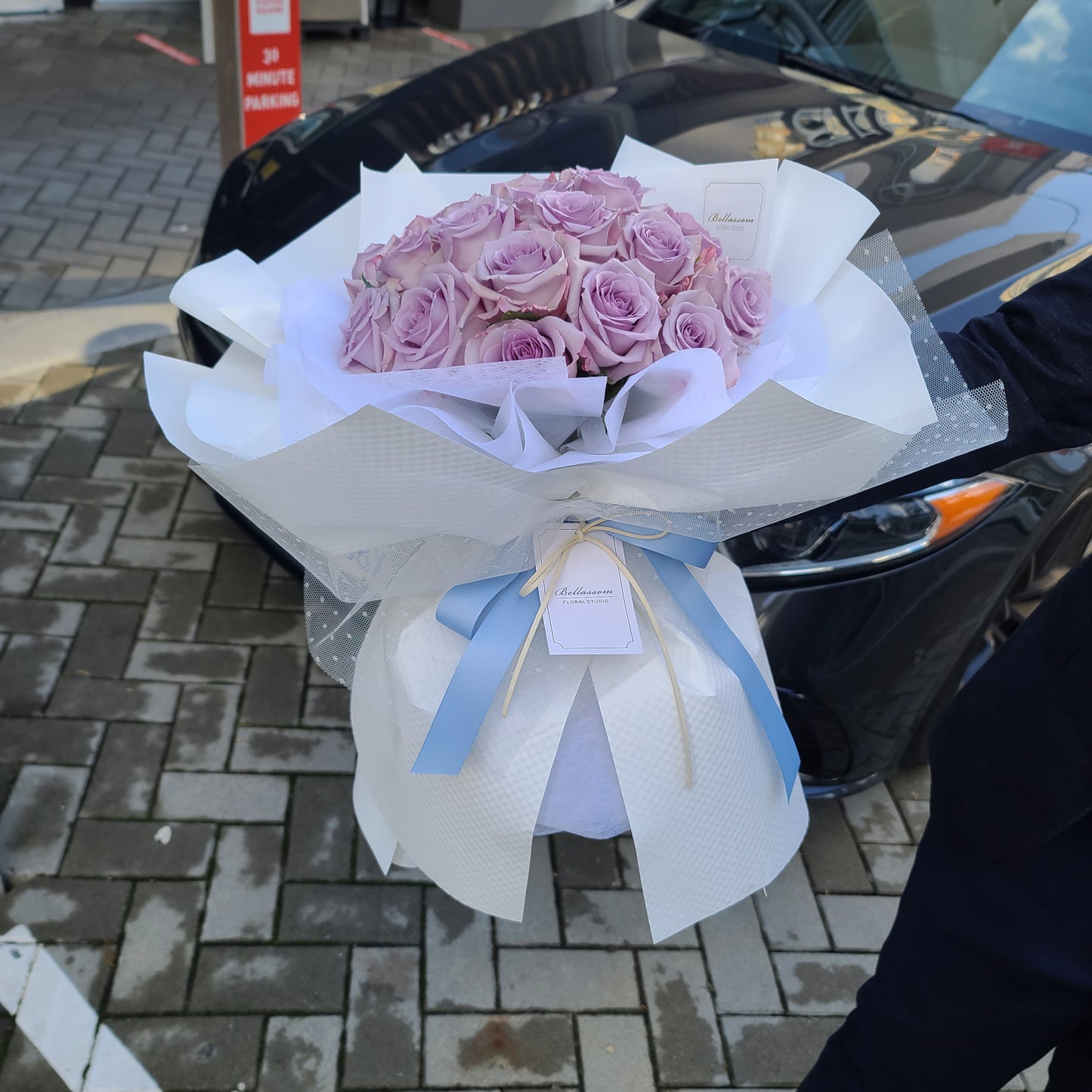 Top view of Lilac Lover Bouquet with lilac roses, perfect for heartfelt moments, Vancouver delivery & Metrotown pick-up available