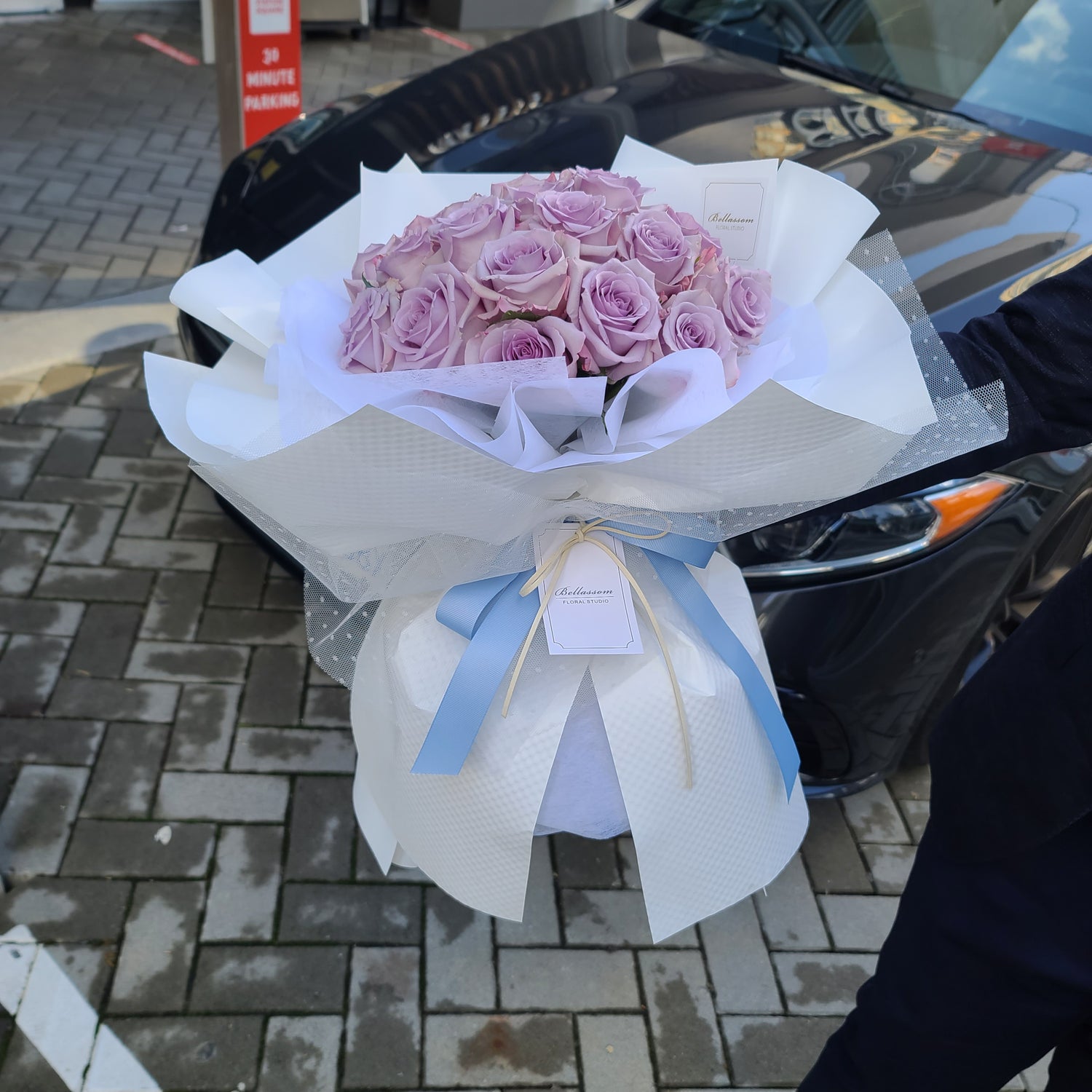 Top view of Lilac Lover Bouquet with lilac roses, perfect for heartfelt moments, Vancouver delivery & Metrotown pick-up available