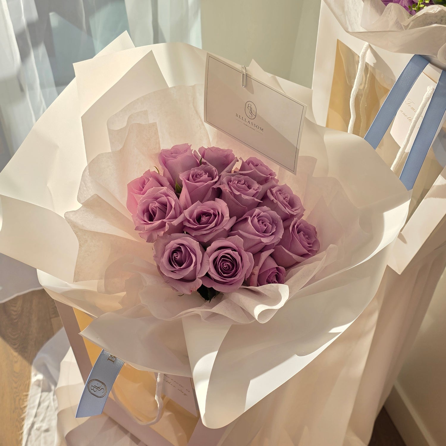 Close-up of Lilac Lover Bouquet showing lilac roses and greenery, Vancouver delivery & Metrotown pick-up available