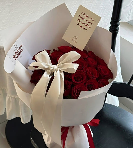 Love Rose Bouquet with premium red roses and ribbon finish in Bellassom’s signature wrap, perfect for Valentine’s Day, delivery across Vancouver or pick‑up from Metrotown