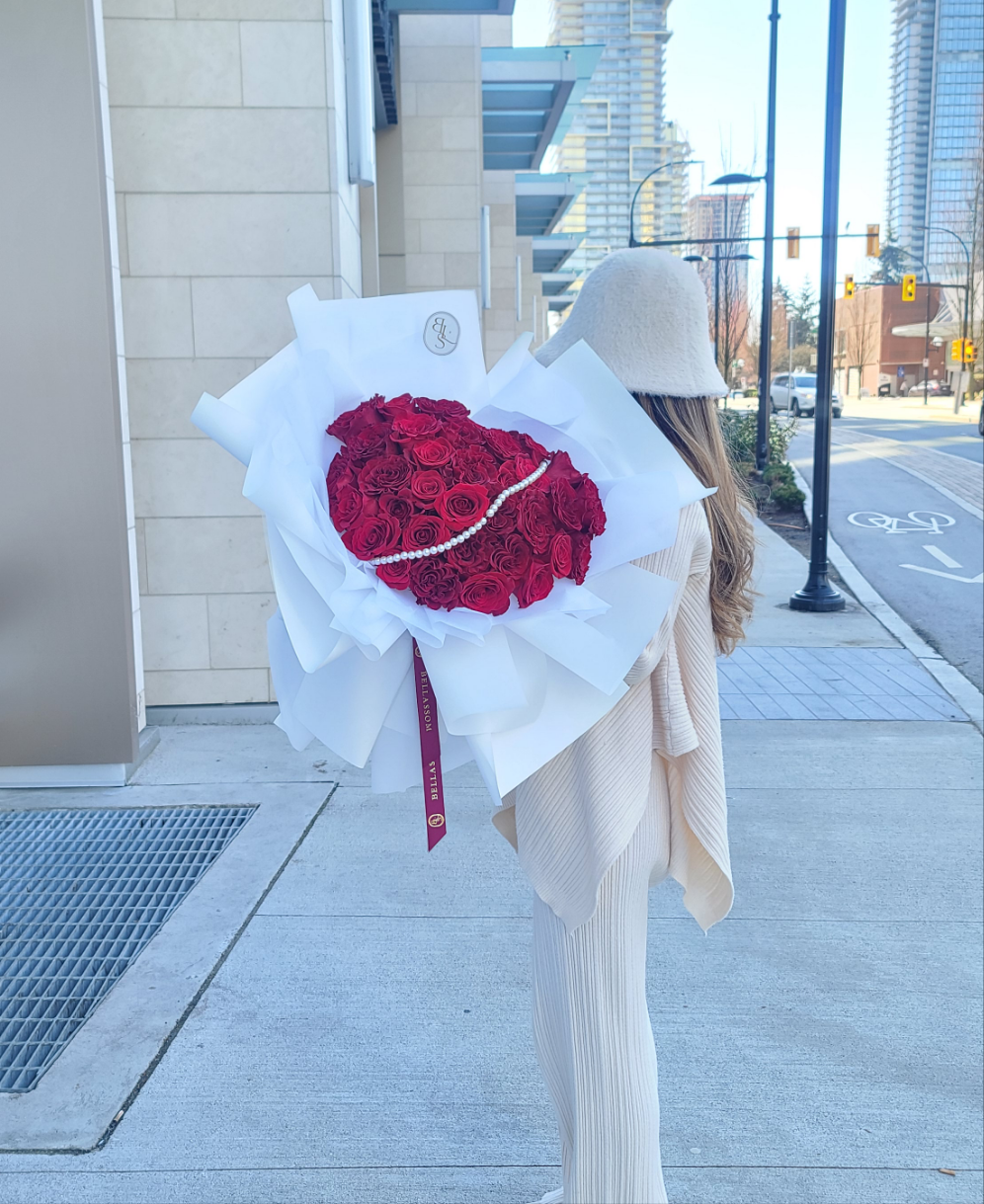 Luxury Heart Bouquet with 33 premium red roses in signature Korean wrap for Valentine’s Day and romantic gifts in Vancouver