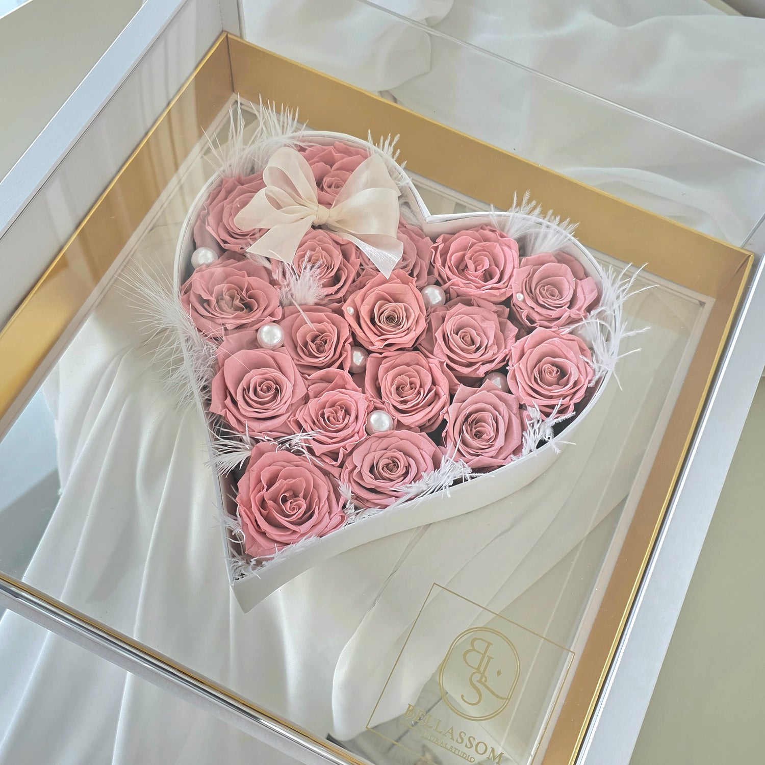Luxury preserved roses arranged in a heart box for Valentine’s Day