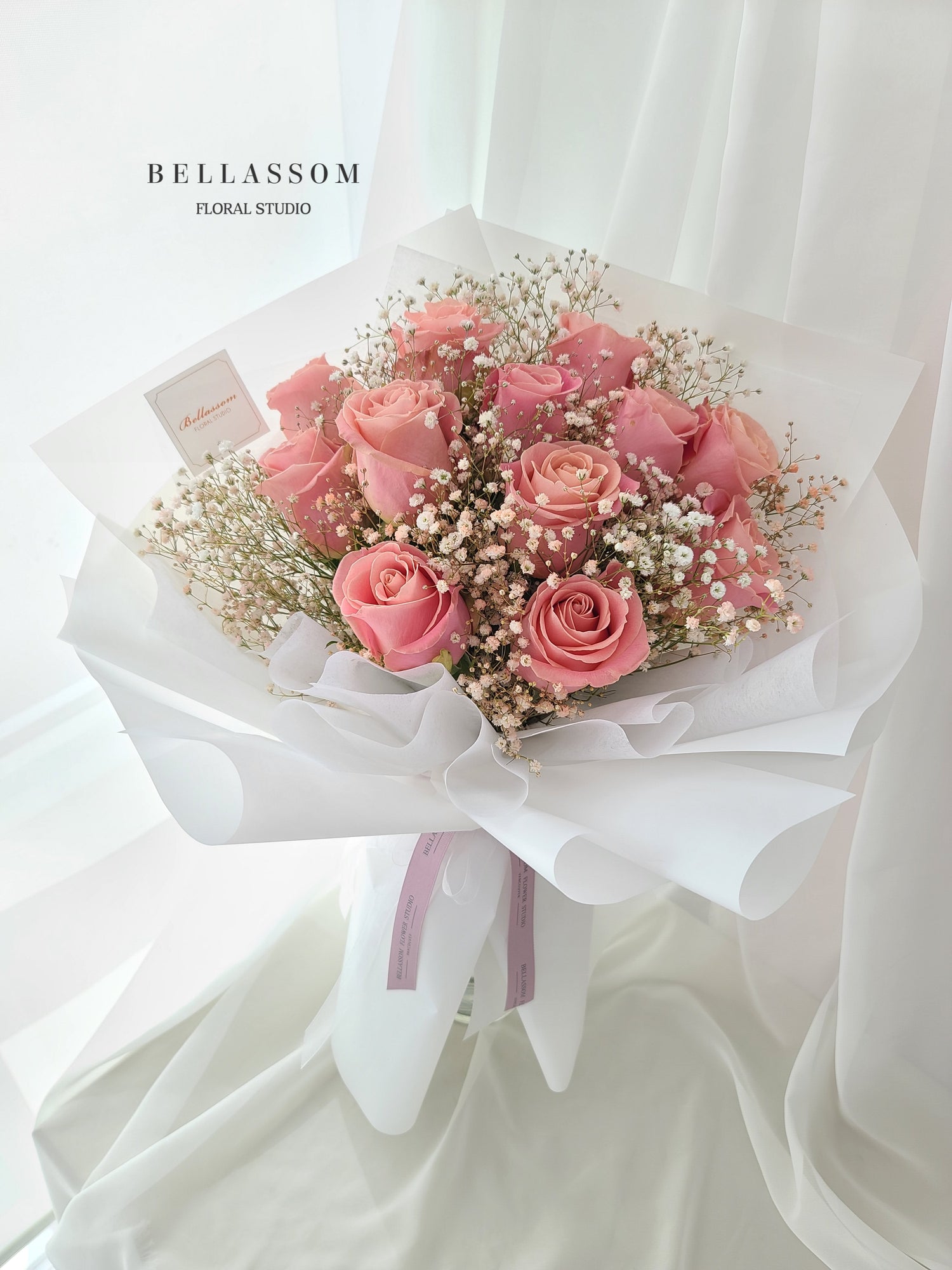 Rose & Baby’s Breath bouquet with premium roses and delicate baby’s breath in Bellassom’s signature wrap, delivery across Vancouver or pick‑up from Metrotown