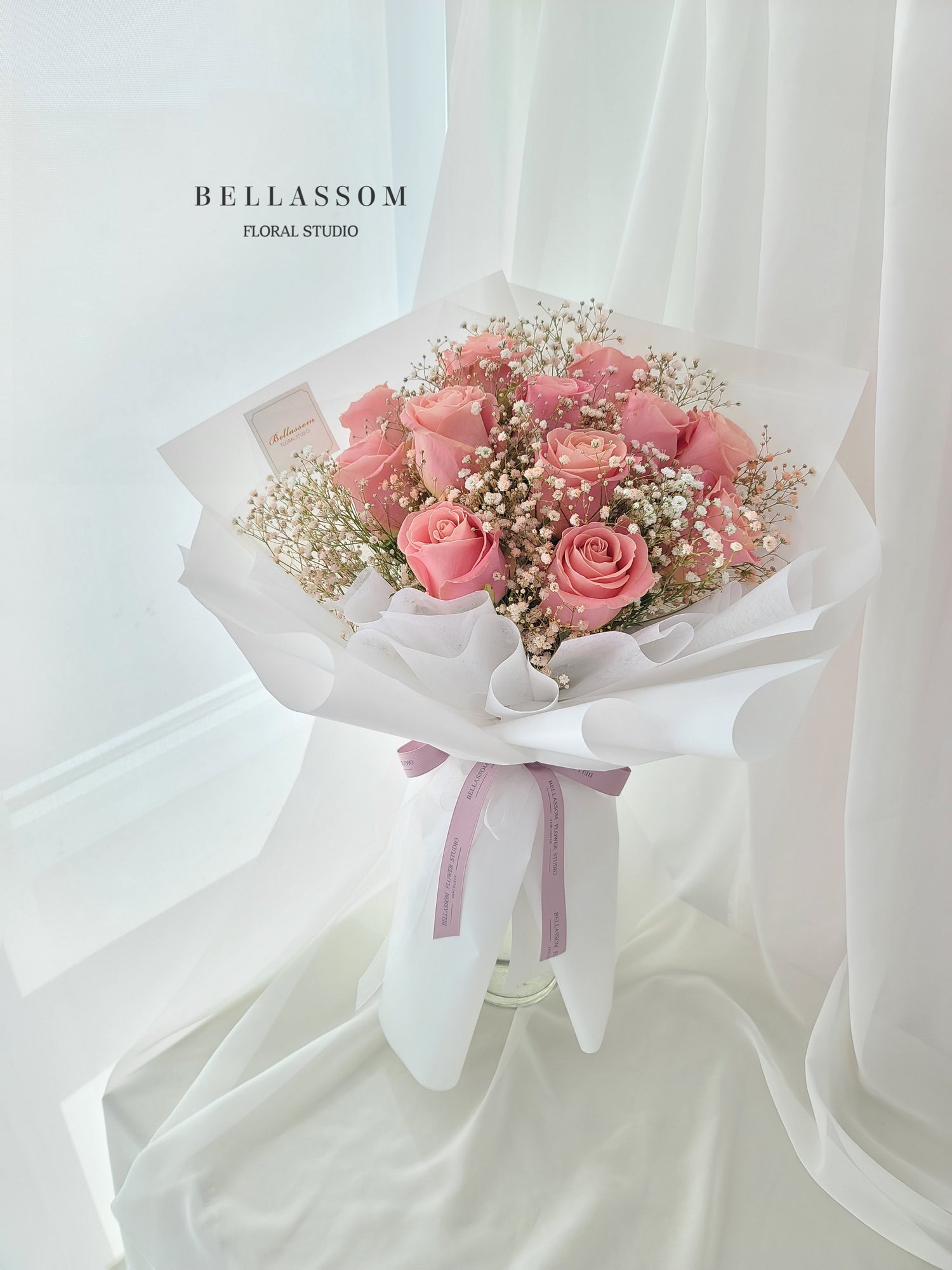 Wrap and floral detail on Rose & Baby’s Breath bouquet for romantic gifts, Vancouver delivery & Metrotown pick‑up available