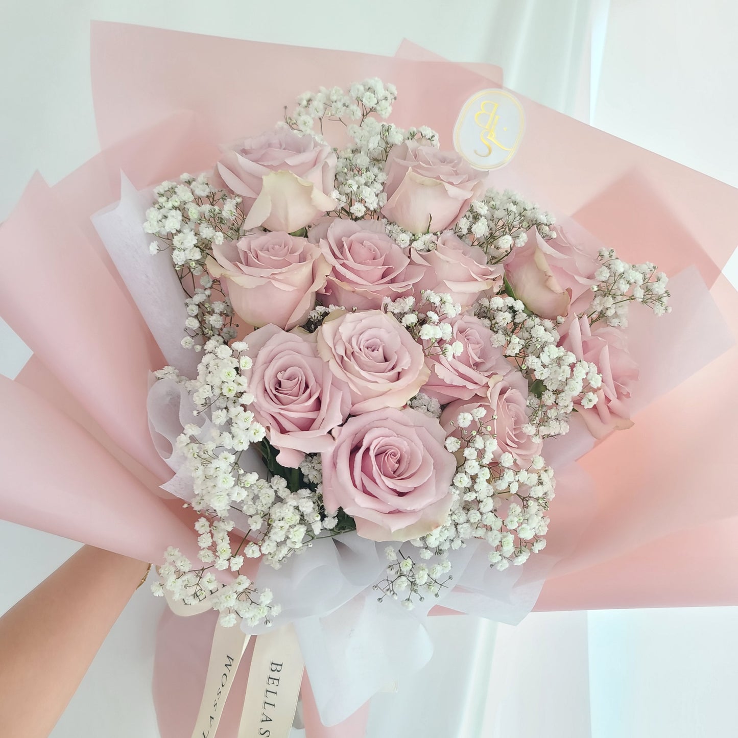 Soft and dreamy rose bouquet with baby’s breath in Bellassom’s signature wrap, perfect for birthdays or special occasions, Vancouver delivery or pick-up