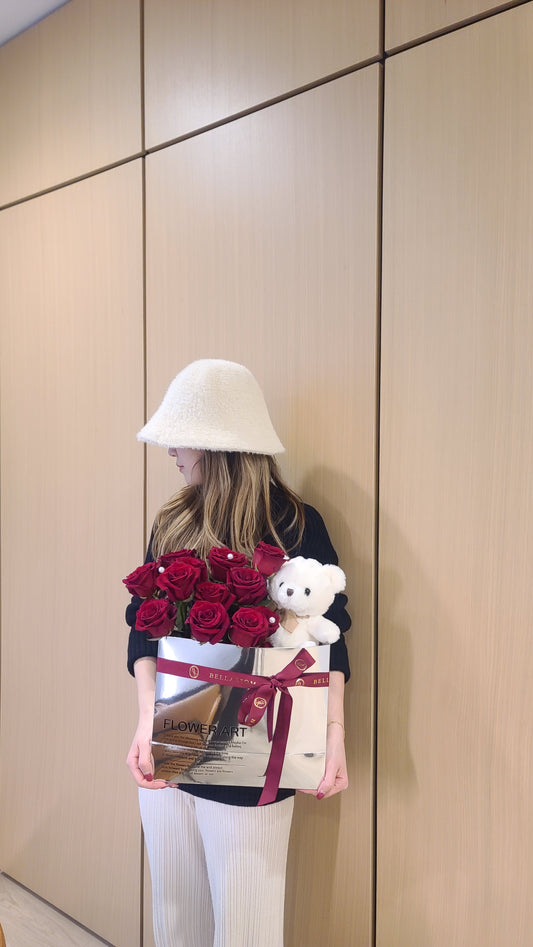 Teddy Bear Rose Box with premium roses and plush bear in gift box, delivery across Vancouver or pick-up from Metrotown