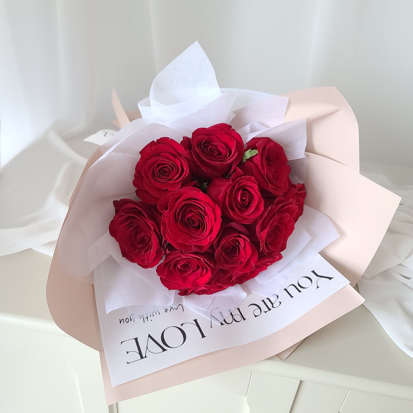 You Are My Love 12-rose bouquet in elegant beige wrapping with premium red roses for Valentine’s Day and romantic gifts in Vancouver